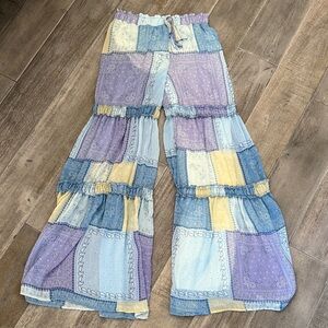 Boho Patchwork Wide-Leg Pants in Pastel Patchwork